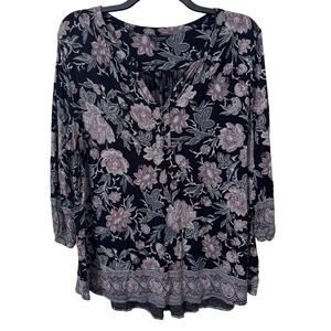 Lucky Brand Womens 3/4 Sleeve‎ Floral Henley Size 1X Black Bohemian Tapestry